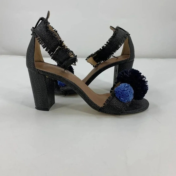 All Black Open-toe Raffia Fringe Pompom Block Heels Ankle Strap Sandals Size 7.5 - Picture 5 of 15
